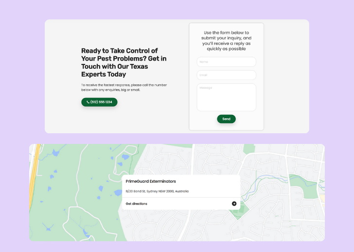 A screenshot of a header with navigation pills with contact number, a blue-colored primary button with contact number, and a 2D depiction of a map with a business address in the center