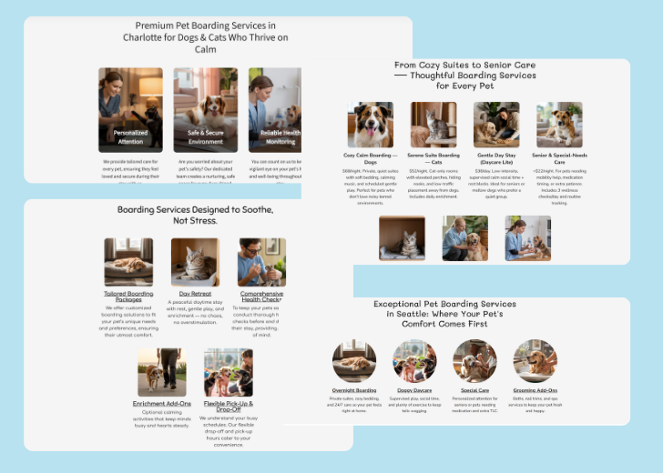 A collage of services section generated by Zarla showing different styles of service items, all having a picture, a title, and a brief description