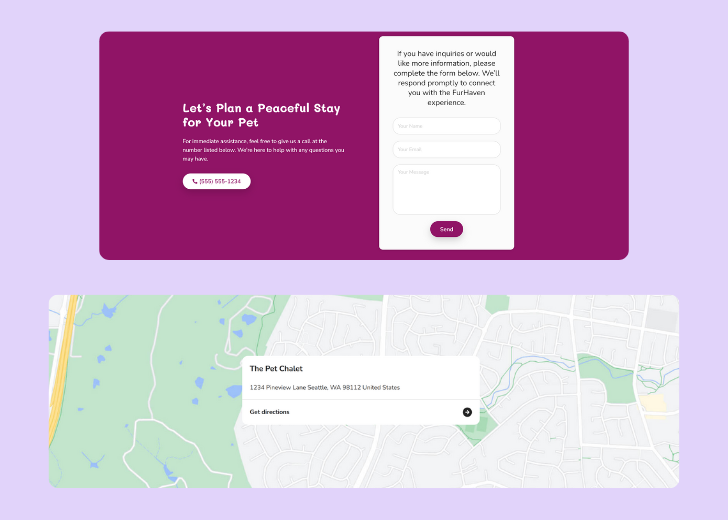 A screenshot of a header with navigation pills with contact number, a blue-colored primary button with contact number, and a 2D depiction of a map with a business address in the center