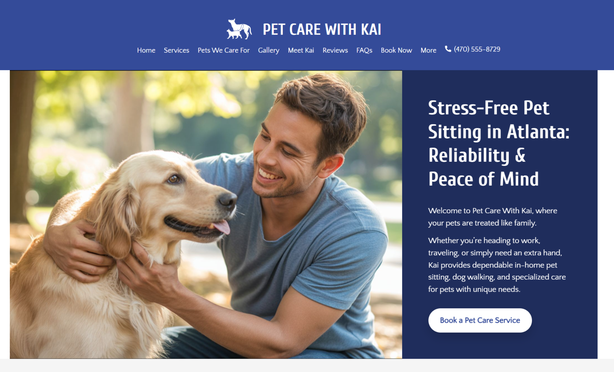 Pet Care with Kai homepage hero featuring a smiling man embracing a golden retriever beside the headline “Stress-Free Pet Sitting in Atlanta: Reliability & Peace of Mind” and a blue booking button