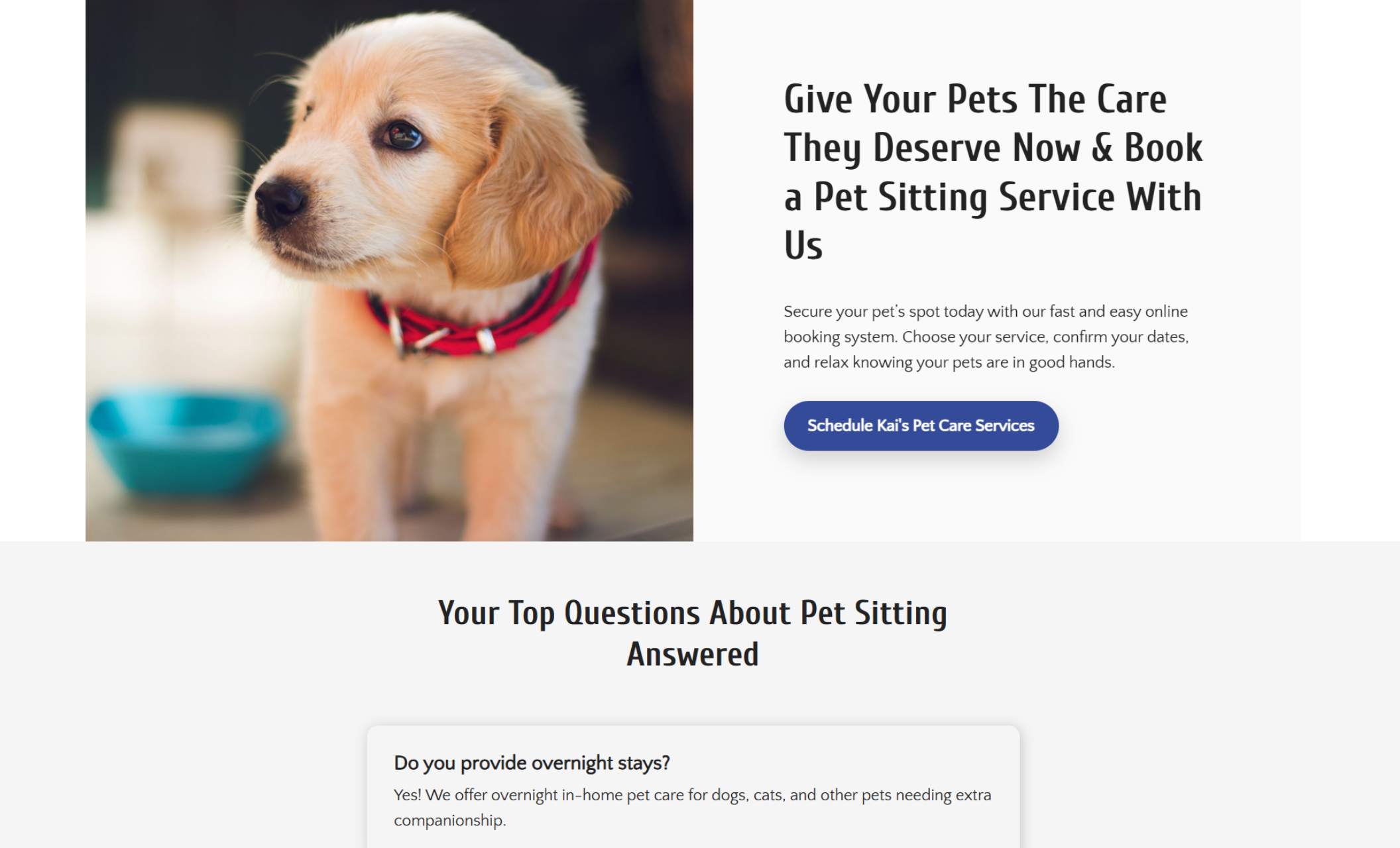 Pet Care with Kai services section featuring a close-up photo of a golden puppy beside the headline “Give Your Pets The Care They Deserve Now & Book a Pet Sitting Service With Us” and a blue scheduling button