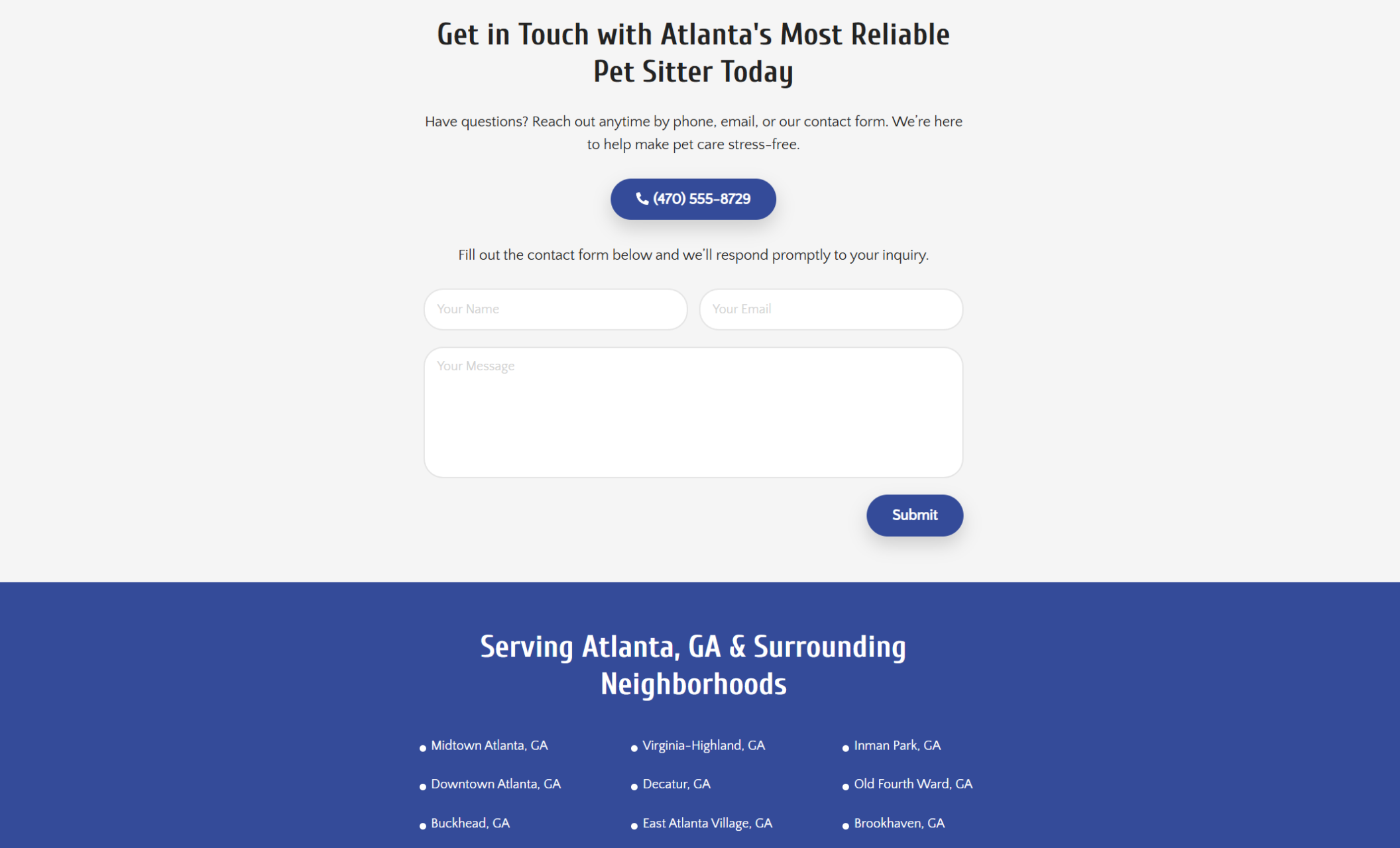 Pet Care with Kai contact page featuring a headline “Get in Touch with Atlanta’s Most Reliable Pet Sitter Today,” a phone number, a simple contact form, and a footer listing Atlanta neighborhoods served