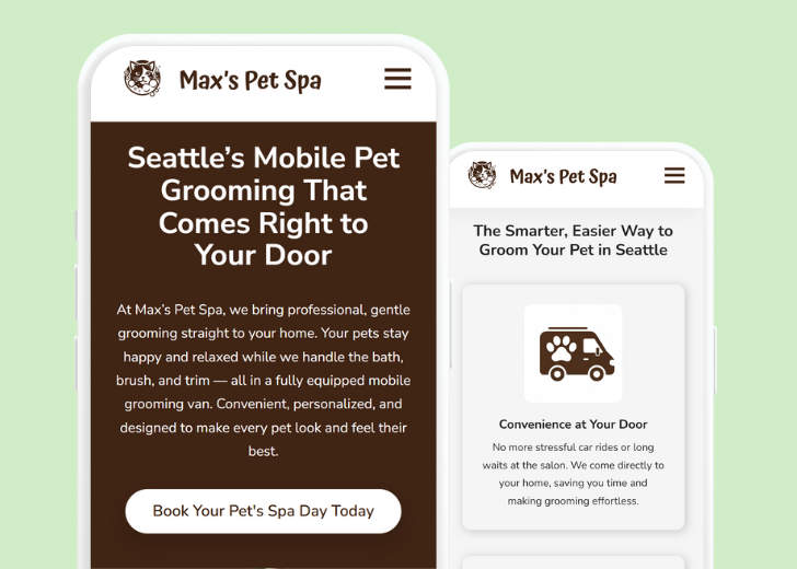 Revive Detailing and Spotless Touch landing pages in two smartphones, side by side, showing mobile view of the websites