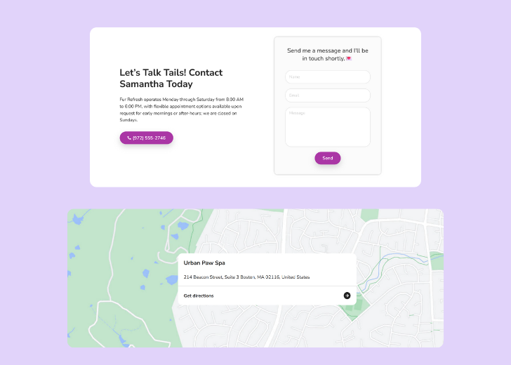 A screenshot of a header with navigation pills with contact number, a blue-colored primary button with contact number, and a 2D depiction of a map with a business address in the center