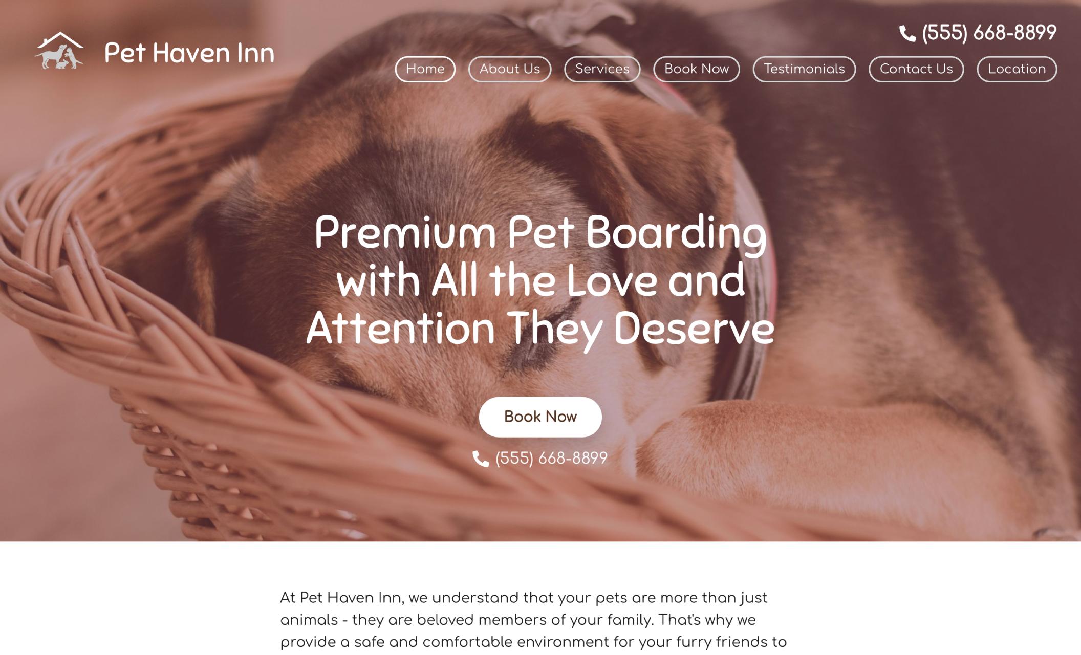 Pet Haven Inn hero section with the tagline "Premium Pet Boarding with All the Love and Attention They Deserve" displayed over an image of a dog sleeping in a basket