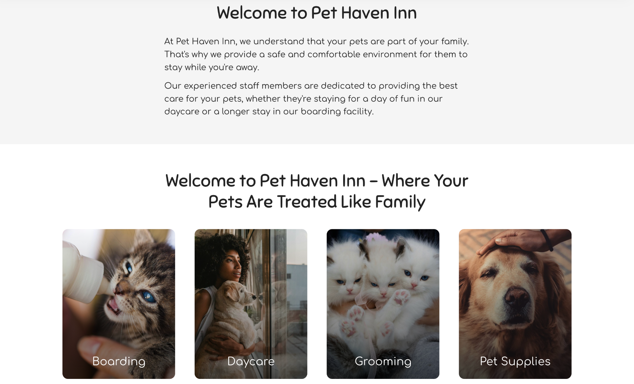 Pet Haven Inn services section with a grid of four services displayed below a descriptive text about the business
