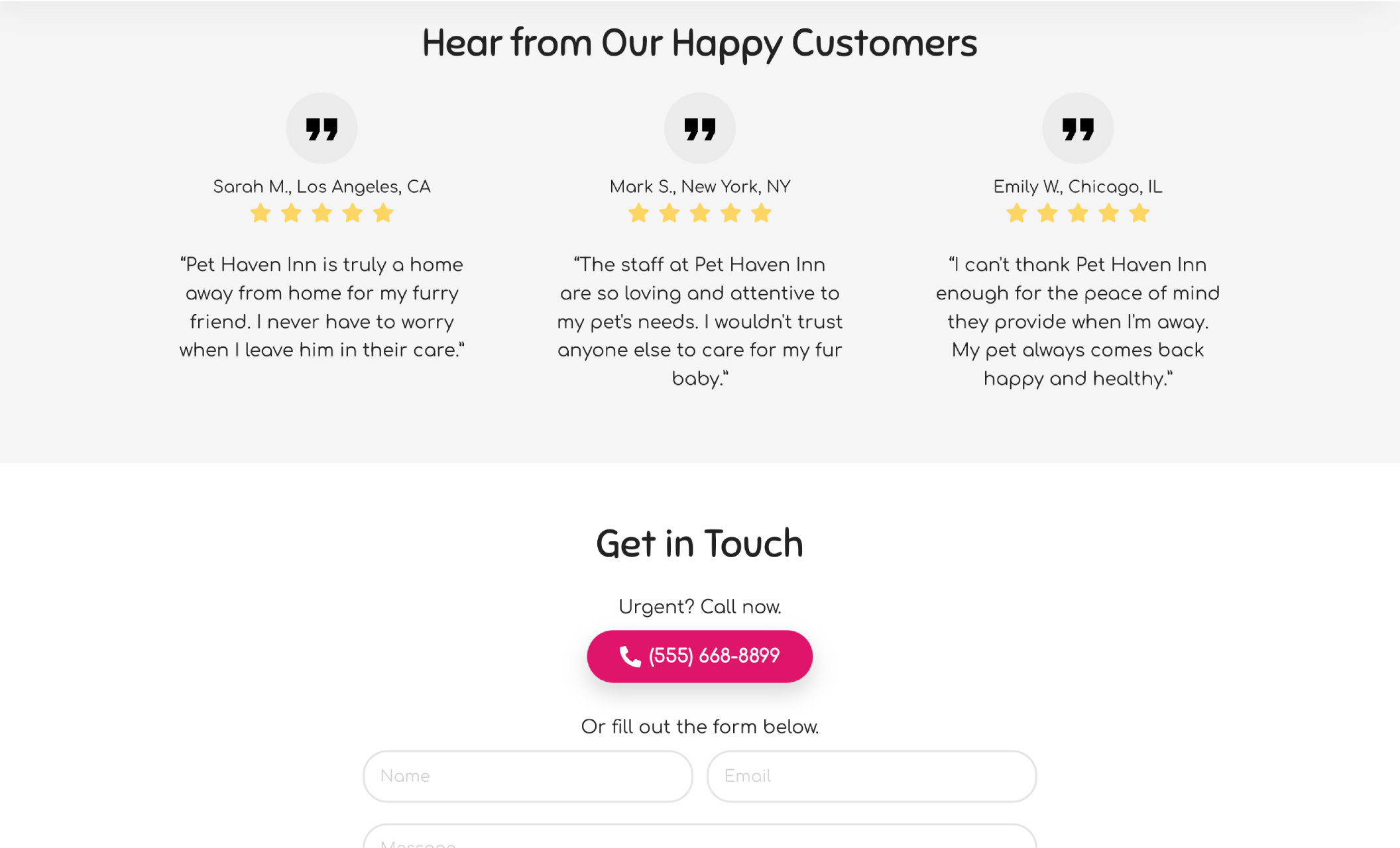 Pet Haven Inn testimonials section featuring three 5-star reviews followed by a contact form