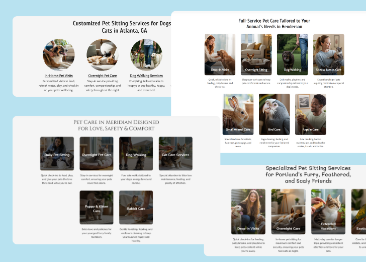 A collage of services section generated by Zarla showing different styles of service items, all having a picture, a title, and a brief description