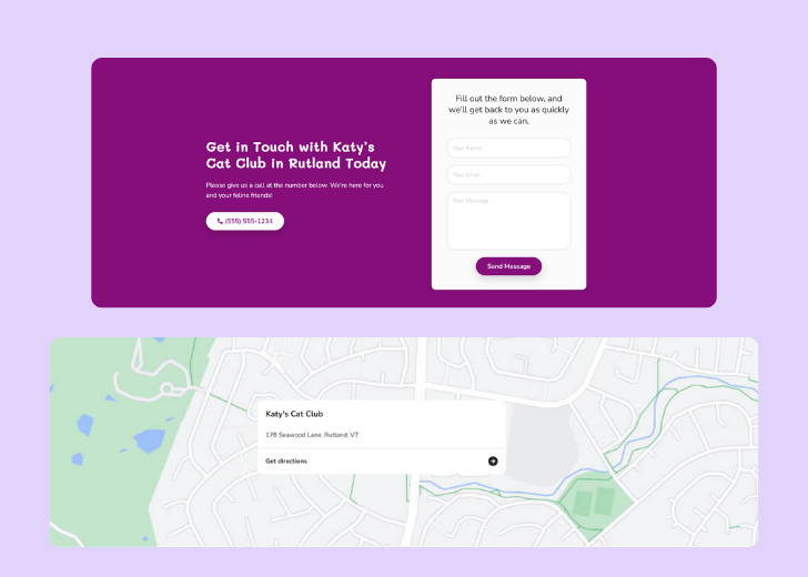 A screenshot of a header with navigation pills with contact number, a blue-colored primary button with contact number, and a 2D depiction of a map with a business address in the center