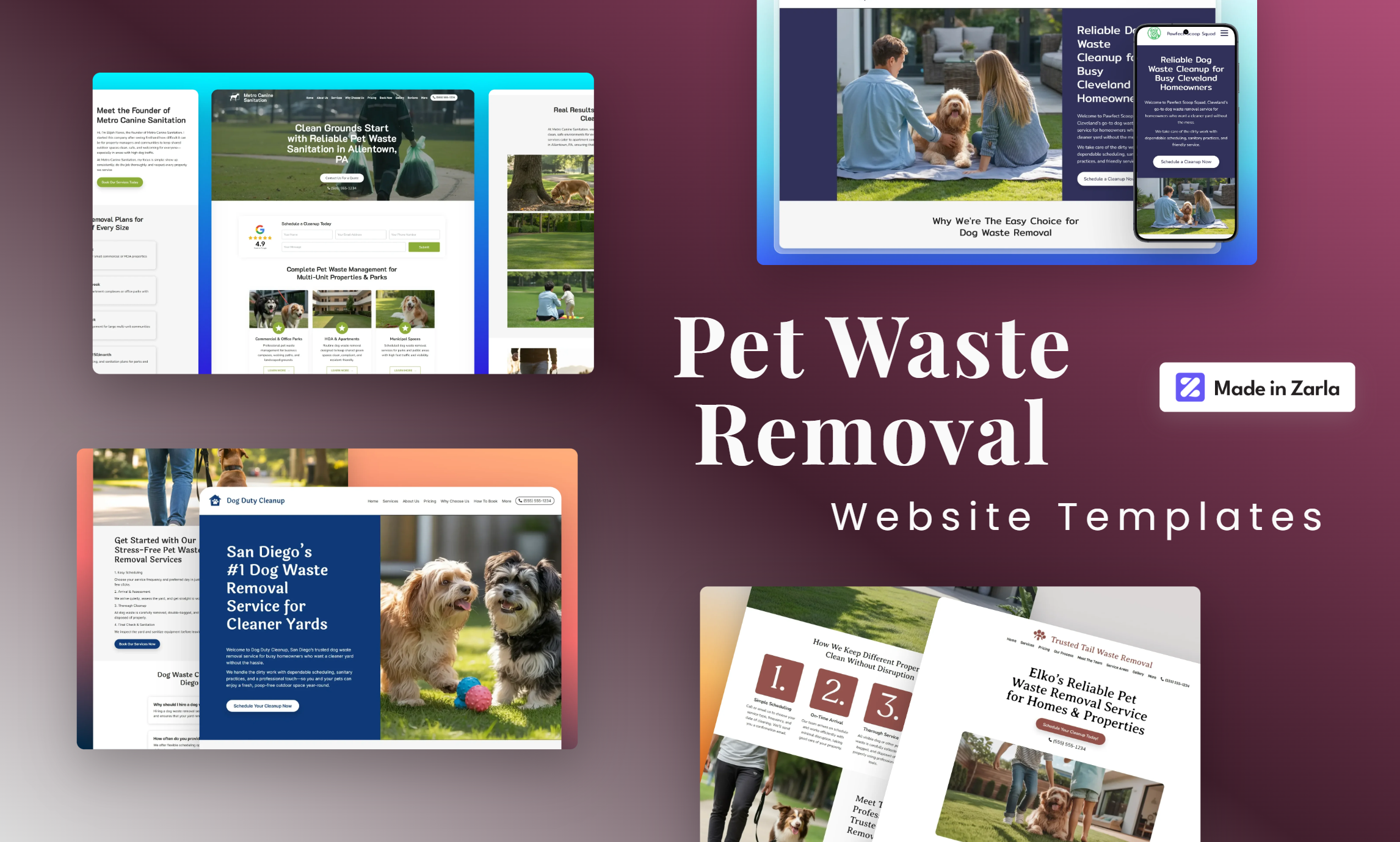 Collection of pet waste removal website templates created with Zarla