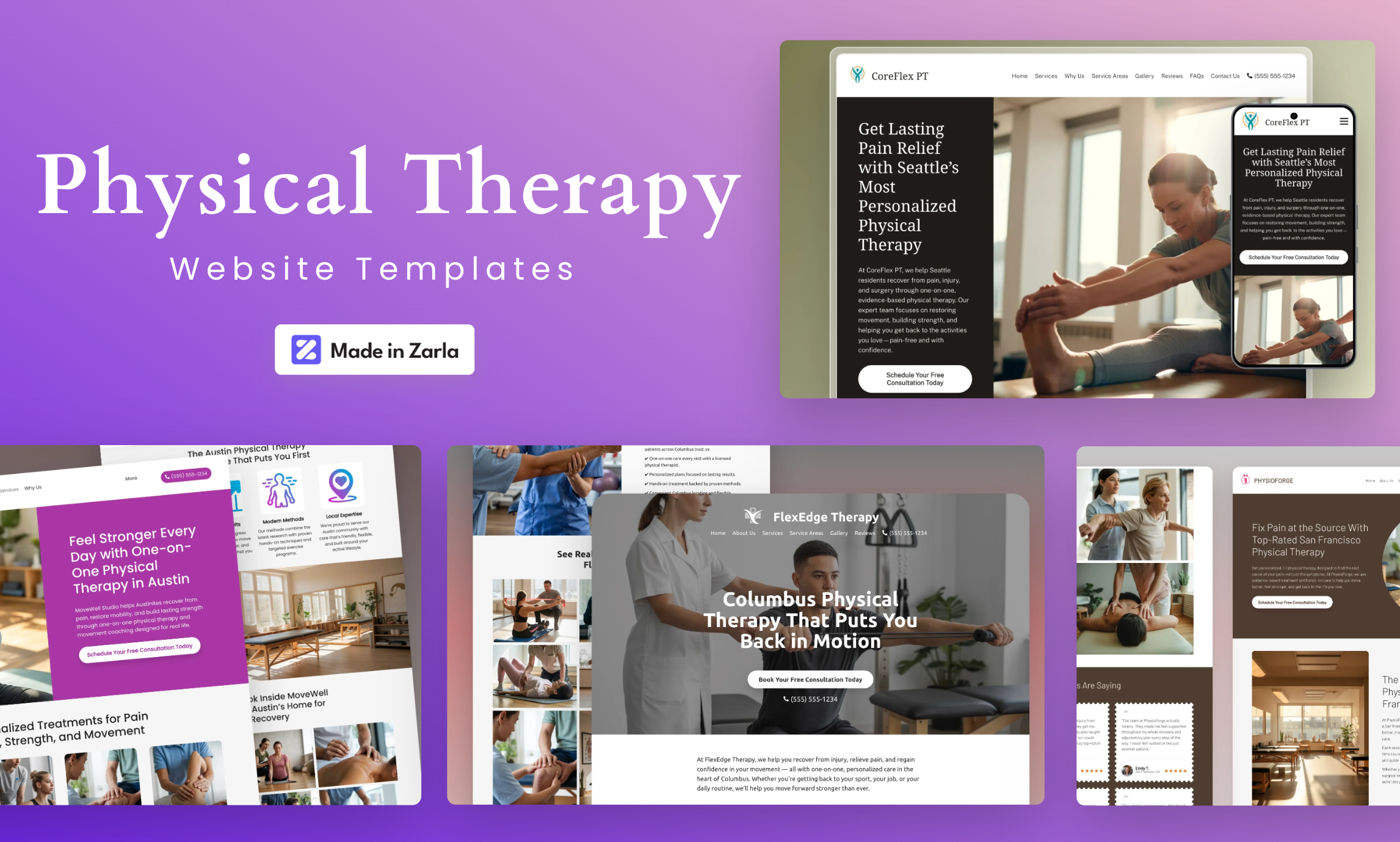 Collection of physical therapy website templates created with Zarla