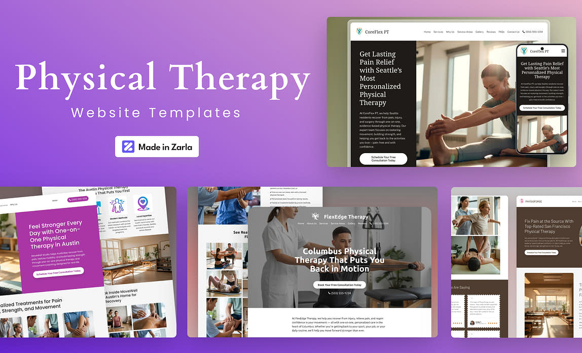 Collection of physical therapy website templates created with Zarla