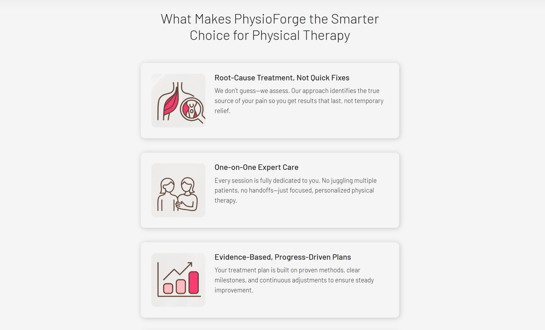 PhysioForge “Why Choose Us” section showing three illustrated service cards—Root-Cause Treatment, One-on-One Expert Care, and Evidence-Based, Progress-Driven Plans—beneath the headline “What Makes PhysioForge the Smarter Choice for Physical Therapy.”