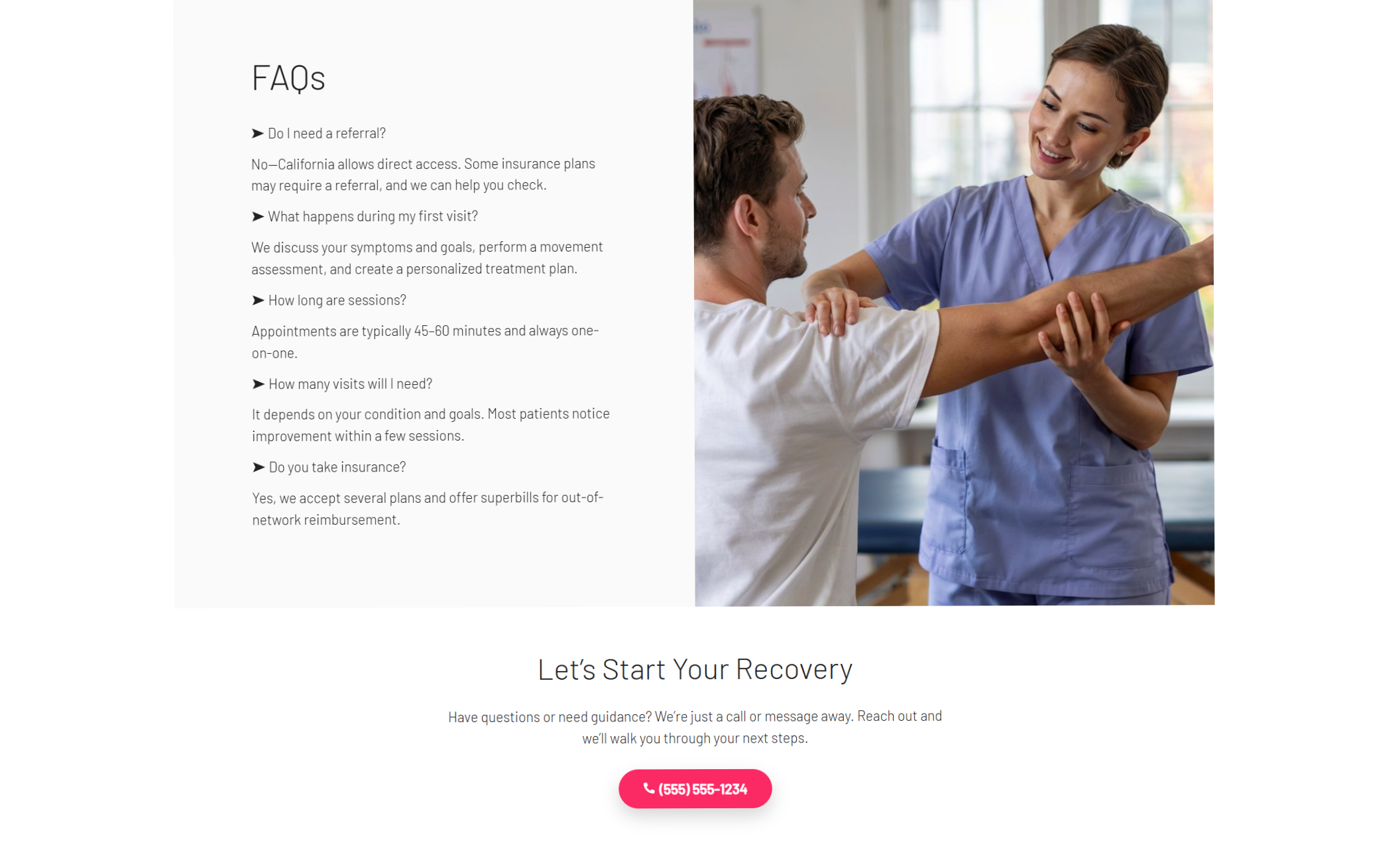 PhysioForge FAQ section featuring a therapist helping a patient stretch his shoulder beside a list of common questions and answers about referrals, first visits, session lengths, visit frequency, and insurance