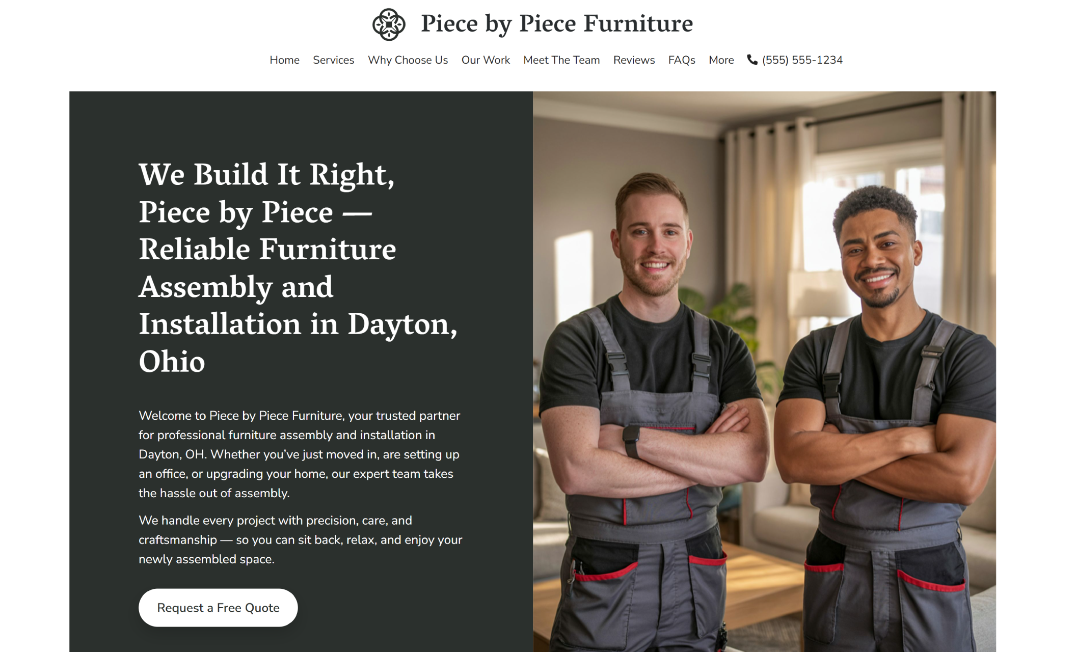 Piece by Piece Furniture homepage hero showing two uniformed technicians standing with folded arms in a bright living room beside the headline ‘Reliable Furniture Assembly and Installation in Dayton, Ohio.’