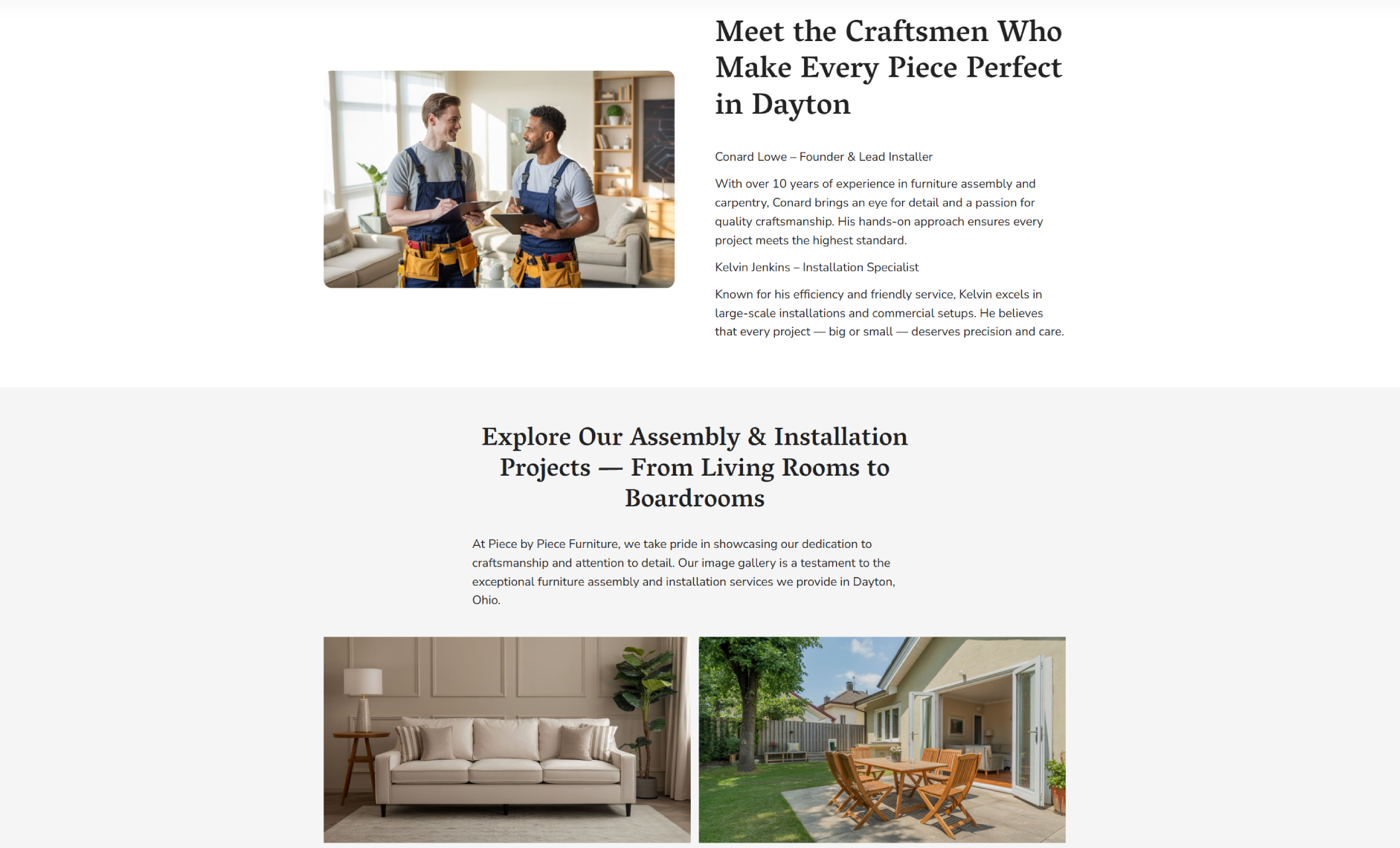 Piece by Piece Furniture team section featuring two smiling technicians in work overalls discussing a project, above text introducing the Dayton craftsmen and the gallery showcasing their assembly and installation work