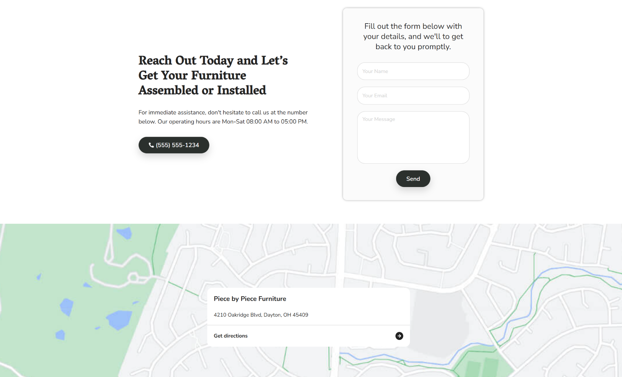 Piece by Piece Furniture contact section displaying a bold headline, call button, inquiry form, and an embedded location map pinpointing the business address in Dayton, Ohio