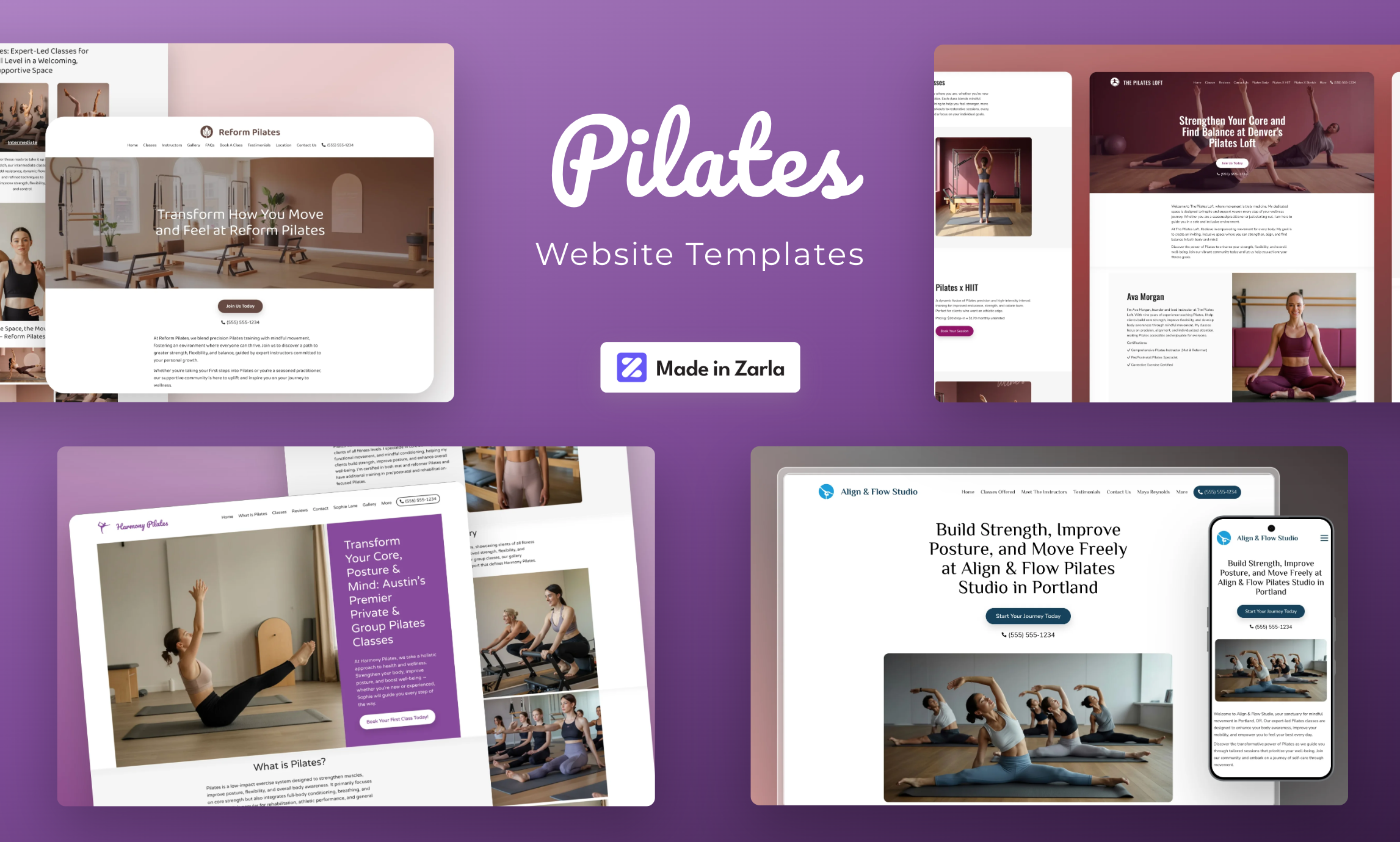 Collection of Pilates website templates created with Zarla