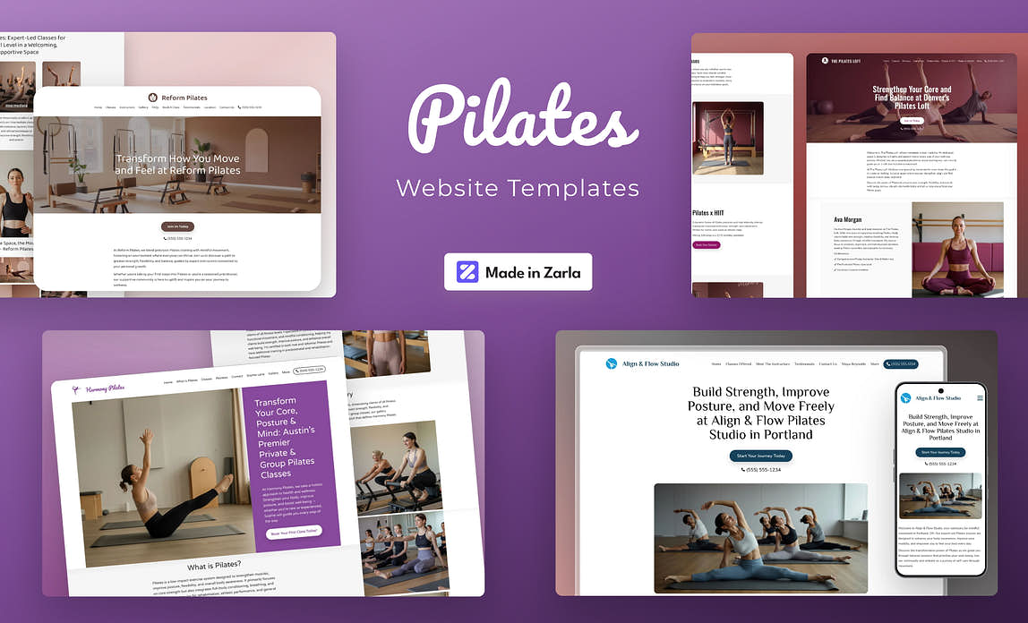 Collection of Pilates website templates created with Zarla
