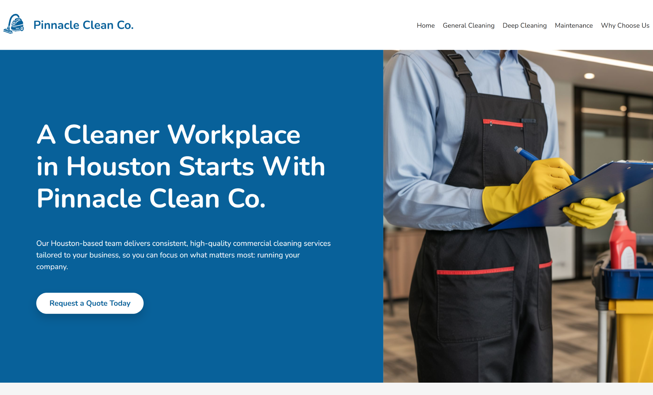 Pinnacle Clean Co. homepage featuring a blue panel with the headline “A Cleaner Workplace in Houston Starts With Pinnacle Clean Co.” beside a cleaner holding a clipboard