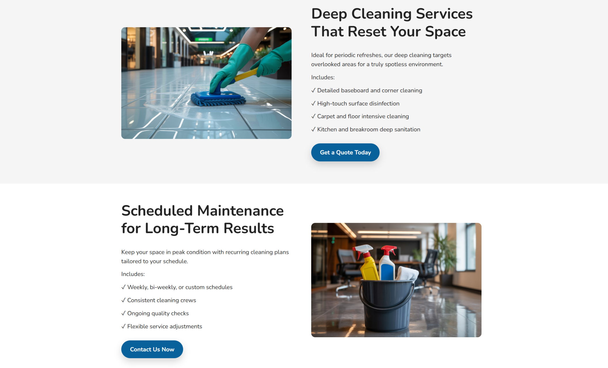 Pinnacle Clean Co. services section highlighting deep cleaning and scheduled maintenance with images, bullet-point features, and blue call-to-action buttons
