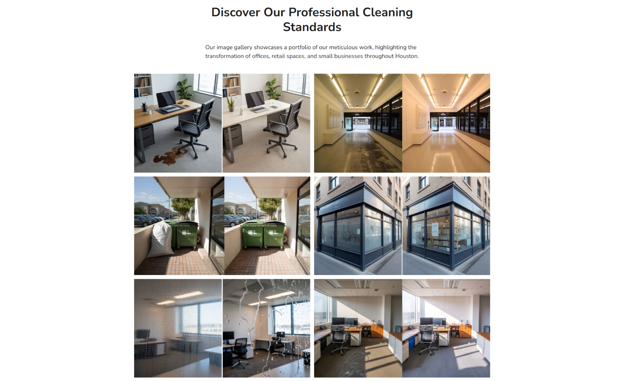Pinnacle Clean Co. gallery section titled “Discover Our Professional Cleaning Standards,” showcasing before-and-after office and commercial cleaning results in a grid layout