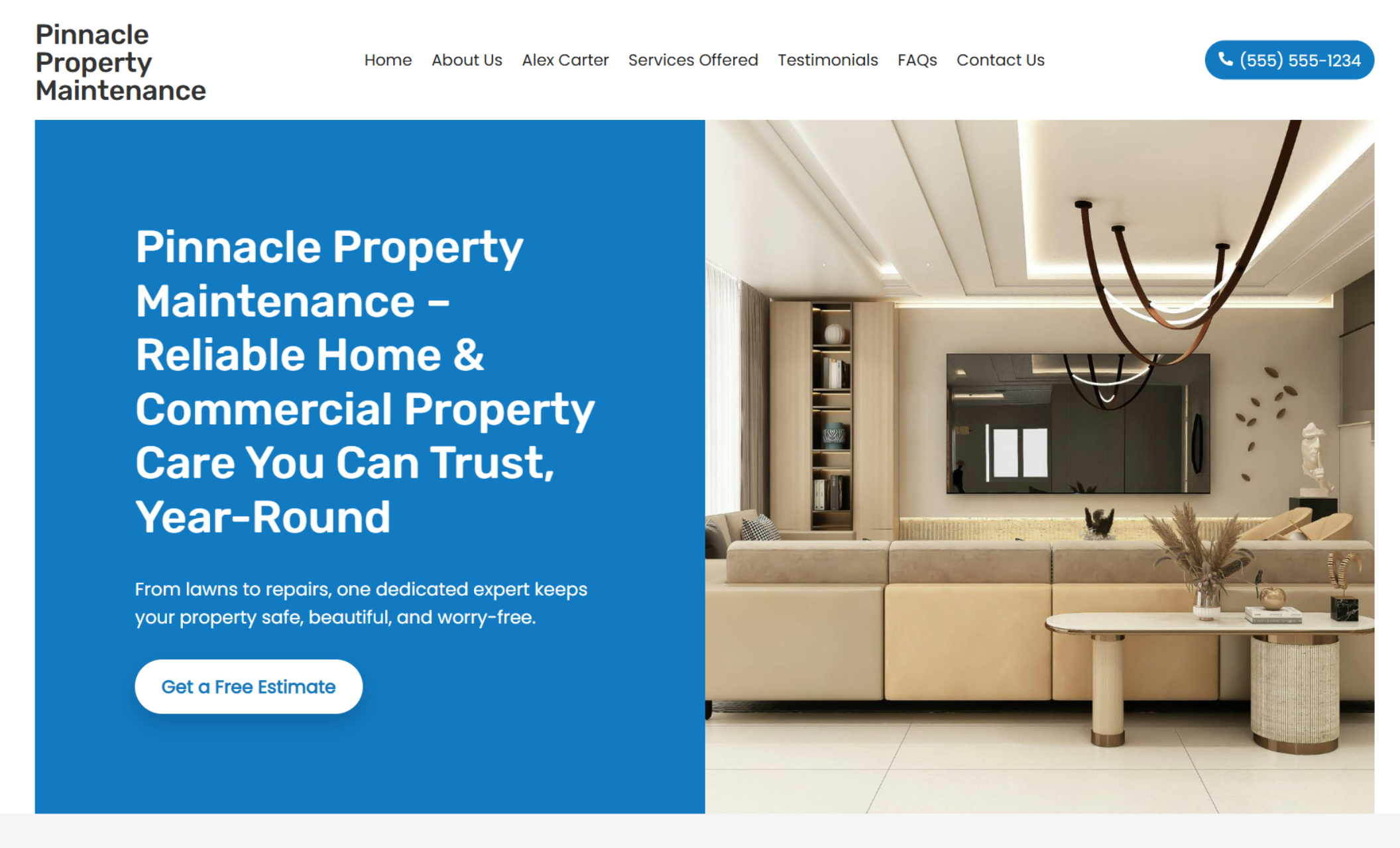 Pinnacle Property Maintenance homepage with a bold blue headline reading “Reliable Home & Commercial Property Care You Can Trust, Year-Round” next to a modern beige-toned living room and a white button that says “Get a Free Estimate.”