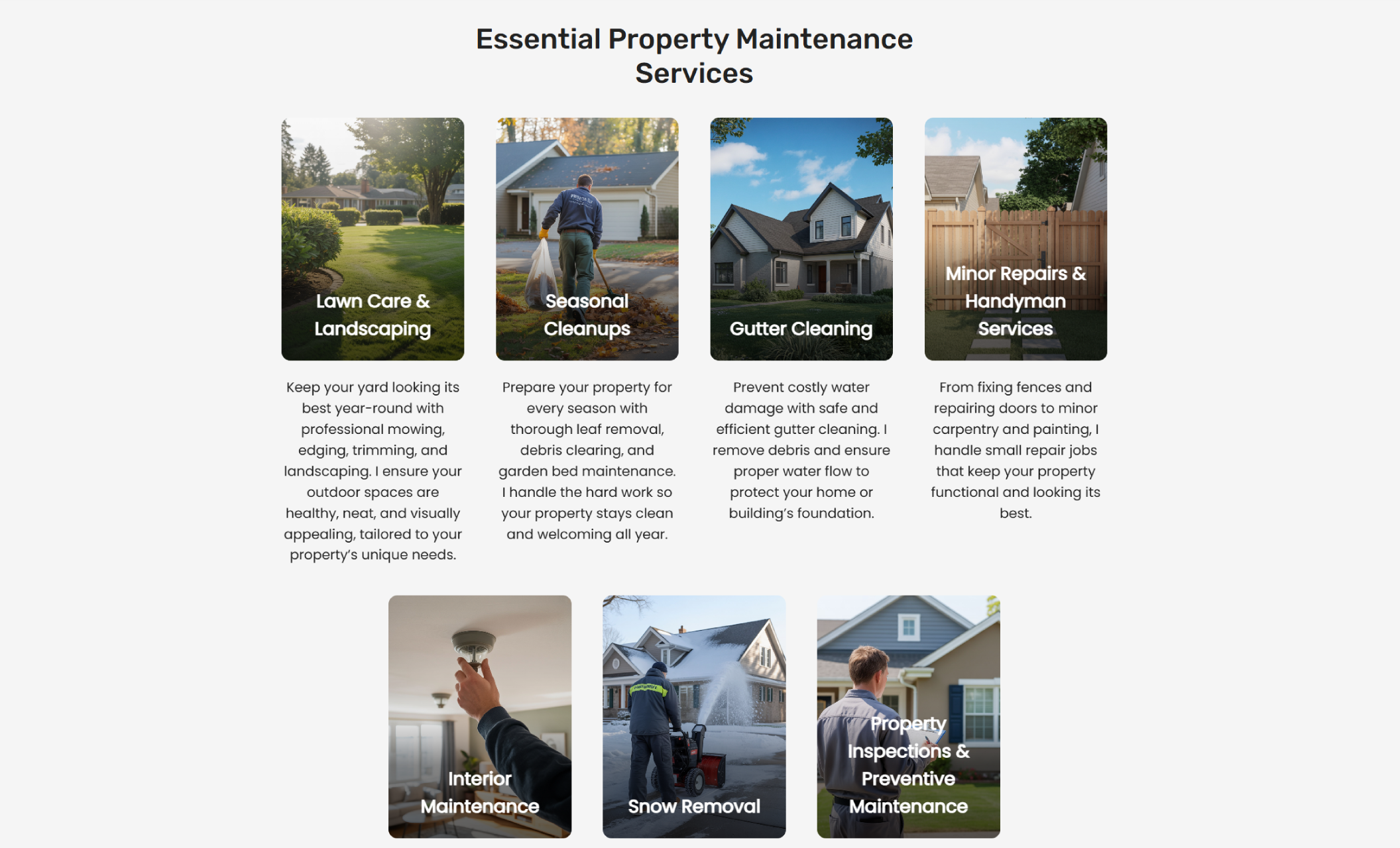 Pinnacle Property Maintenance services section showcasing a clean, visual grid of eight service cards including lawn care, snow removal, gutter cleaning, and handyman services, each with an image and short description