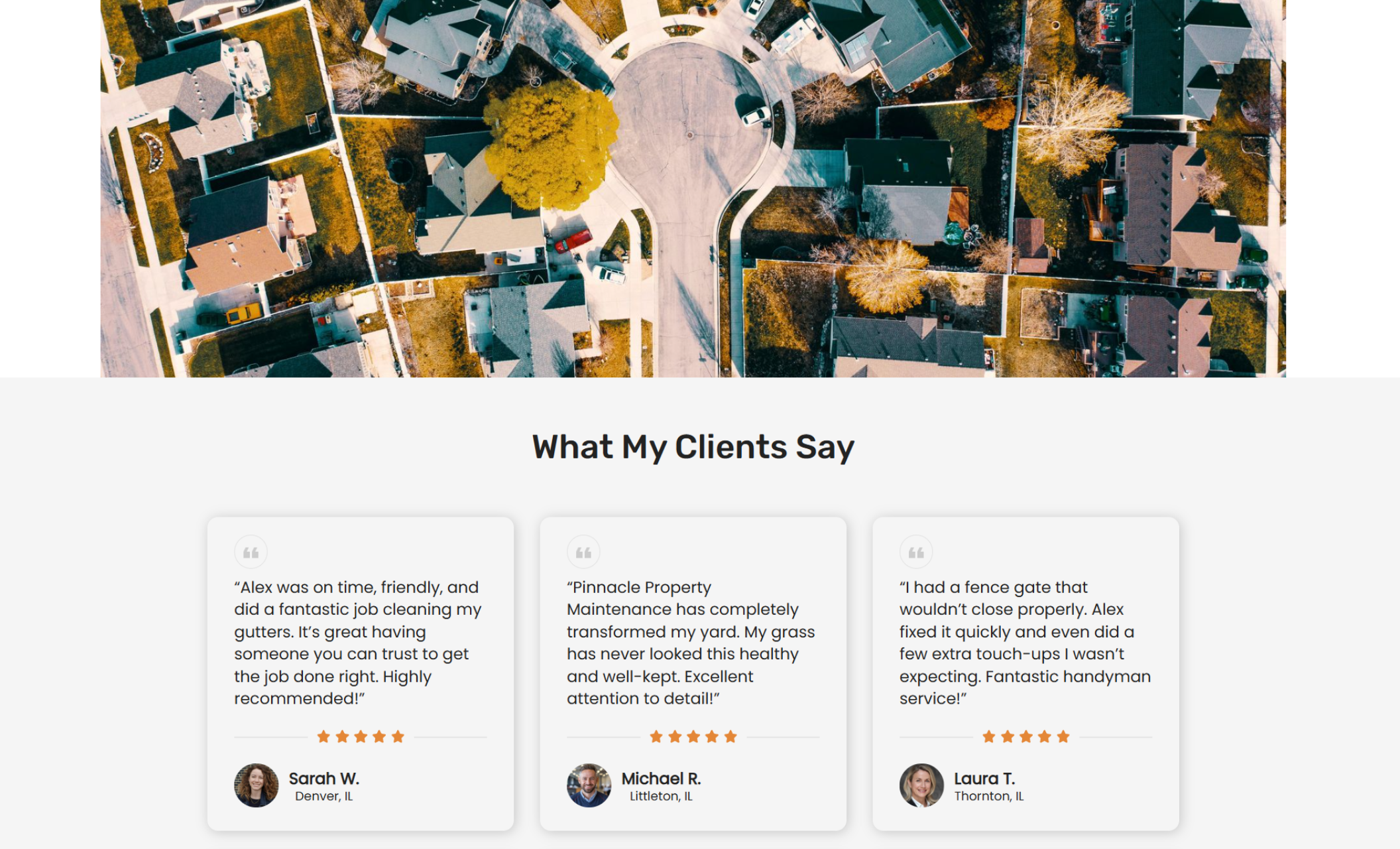 Pinnacle Property Maintenance testimonial section with a colorful aerial view of a suburban neighborhood cul-de-sac, followed by three five-star reviews from clients praising service quality and attention to detail