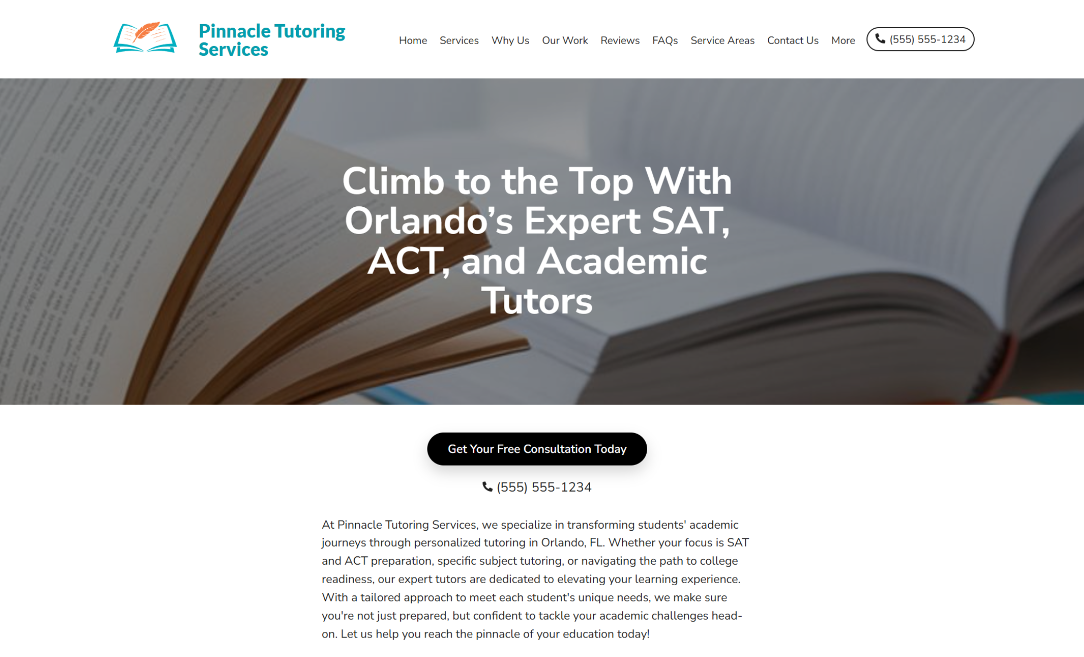 Pinnacle Tutoring Services homepage with an open book image and the headline “Climb to the Top With Orlando’s Expert SAT, ACT, and Academic Tutors,” paired with a black button that says “Get Your Free Consultation Today.”