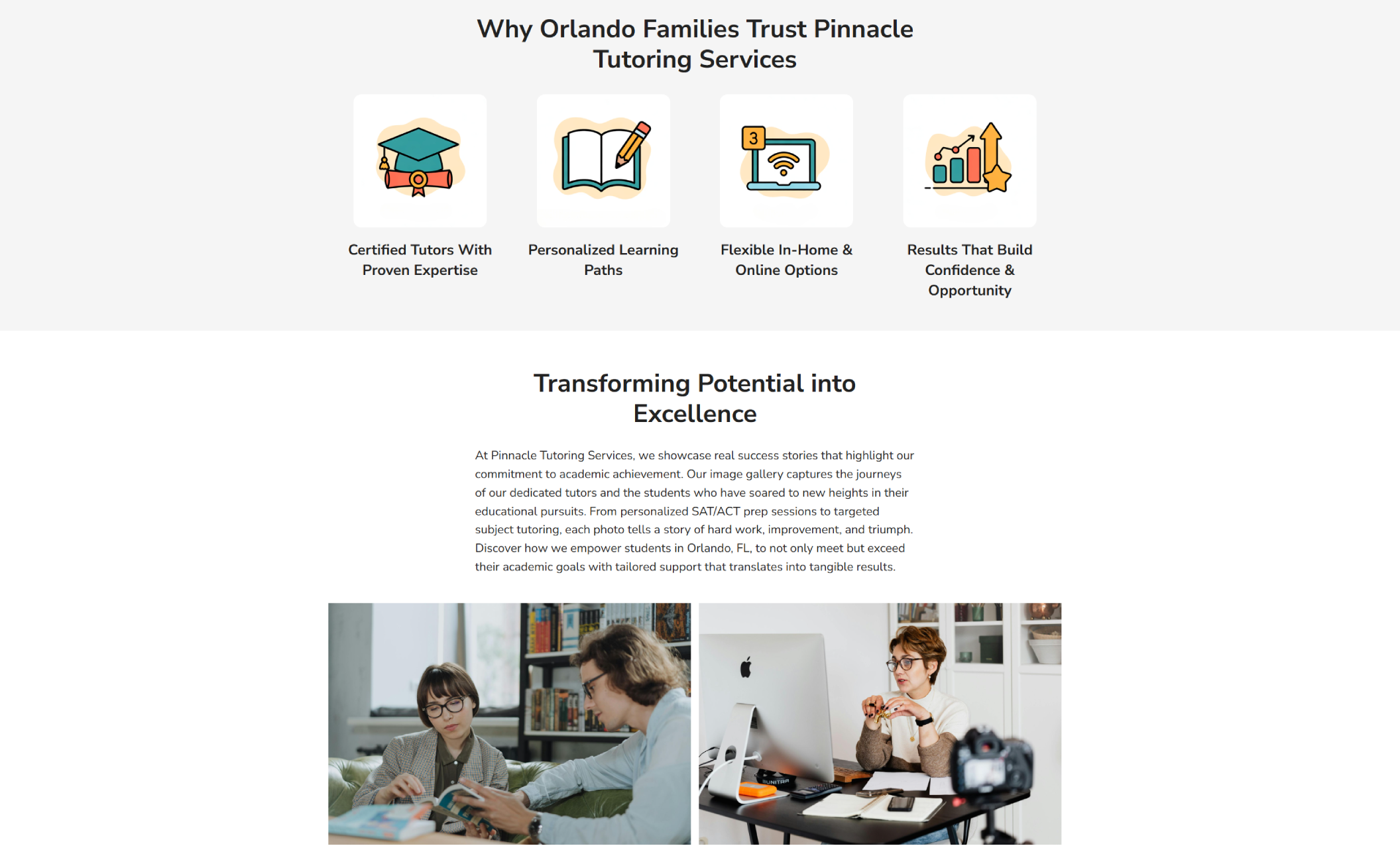 Pinnacle Tutoring Services value section titled “Why Orlando Families Trust Pinnacle Tutoring Services,” featuring colorful icons labeled Certified Tutors, Personalized Learning Paths, Flexible In-Home & Online Options, and Results That Build Confidence