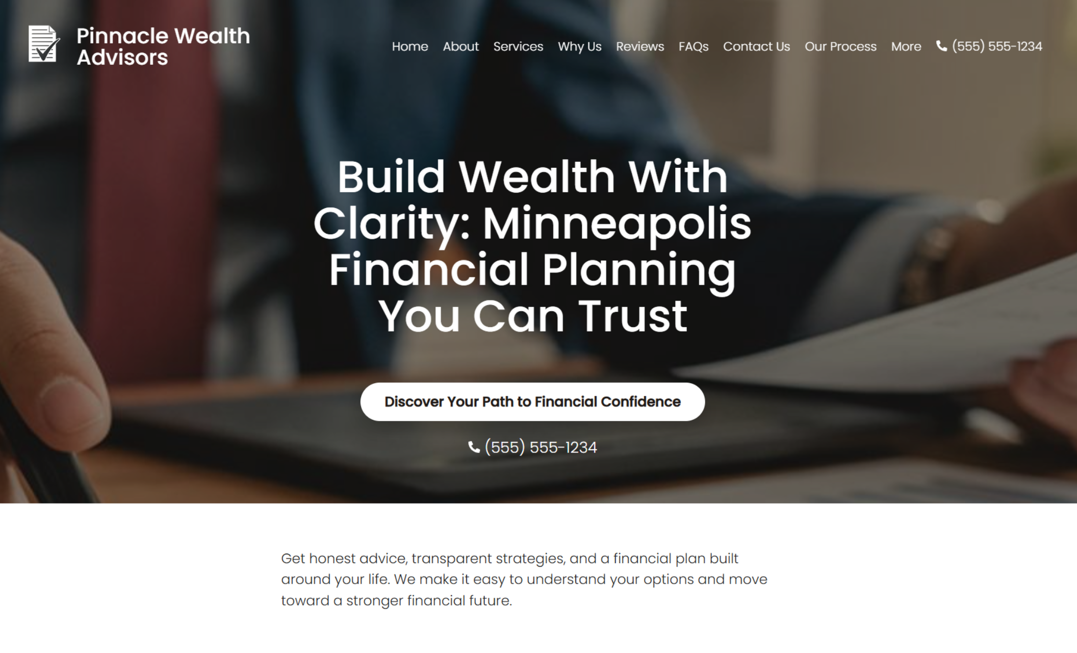 Pinnacle Wealth Advisors homepage hero showing the headline “Build Wealth With Clarity: Minneapolis Financial Planning You Can Trust,” a prominent call-to-action button, and a blurred background image of a financial planning meeting