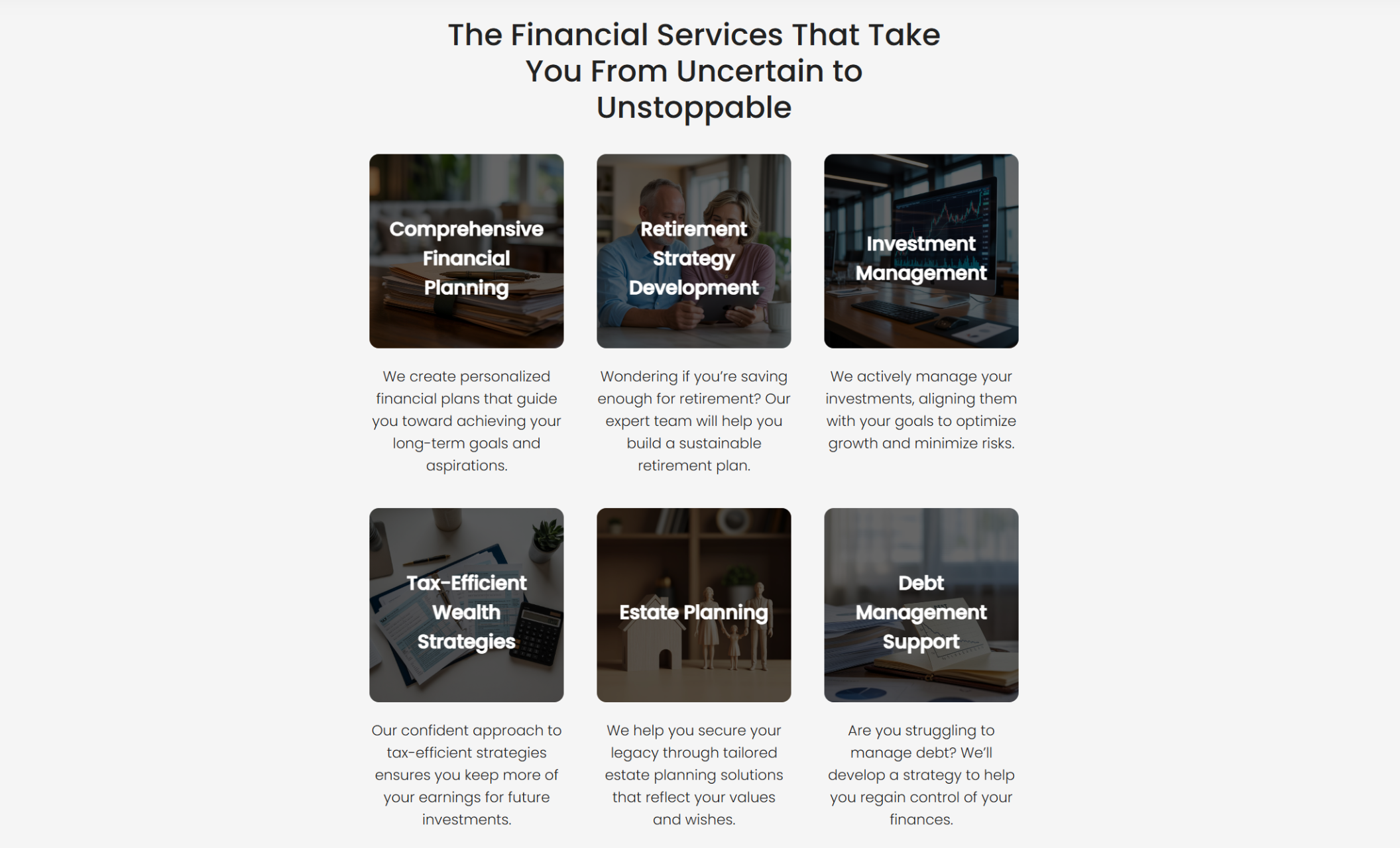 Pinnacle Wealth Advisors services section titled “The Financial Services That Take You From Uncertain to Unstoppable,” displaying six service cards for financial planning, retirement strategy, investment management, tax strategies, estate planning, and debt support