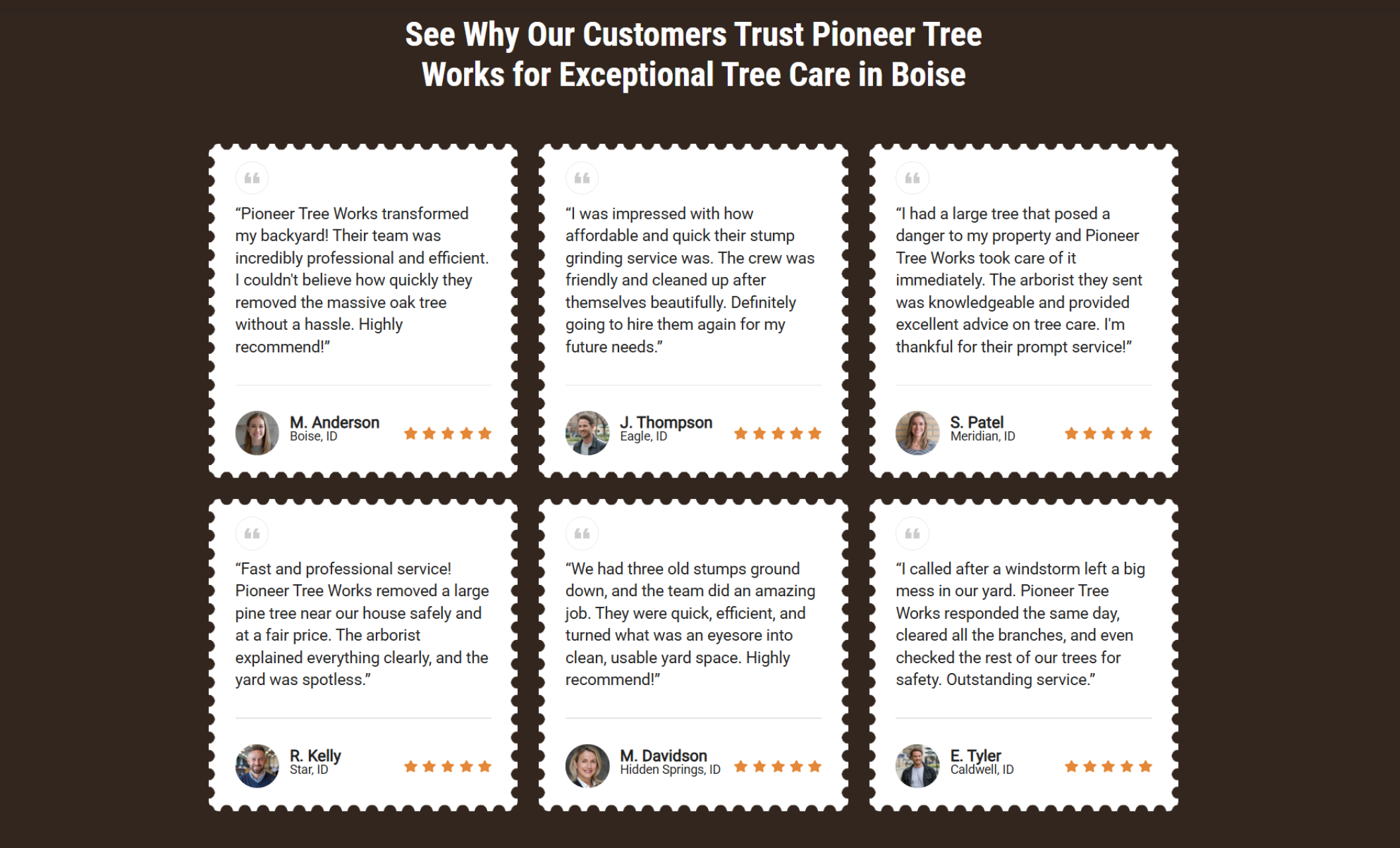 Customer reviews section for Pioneer Tree Works featuring six testimonial cards with star ratings, client names, and portraits against a dark brown background