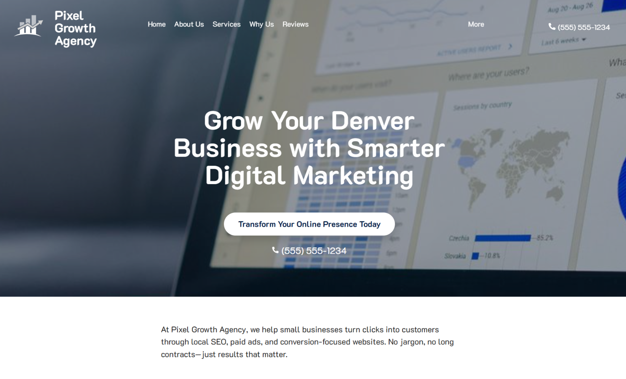 Pixel Growth Agency homepage featuring a laptop screen with analytics charts in the background, beside the bold headline 'Grow Your Denver Business with Smarter Digital Marketing' and a blue button labeled 'Transform Your Online Presence Today.'