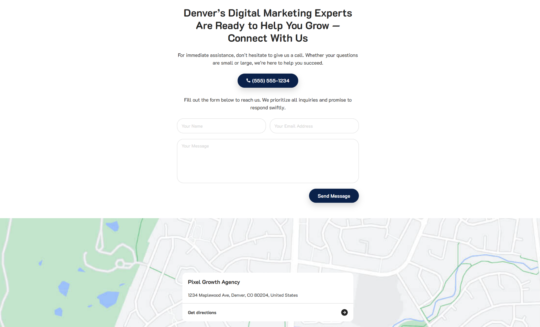 Pixel Growth Agency contact section featuring the headline 'Denver’s Digital Marketing Experts Are Ready to Help You Grow,' a blue call button with (555) 555-1234, a simple contact form, and a map showing the agency’s location