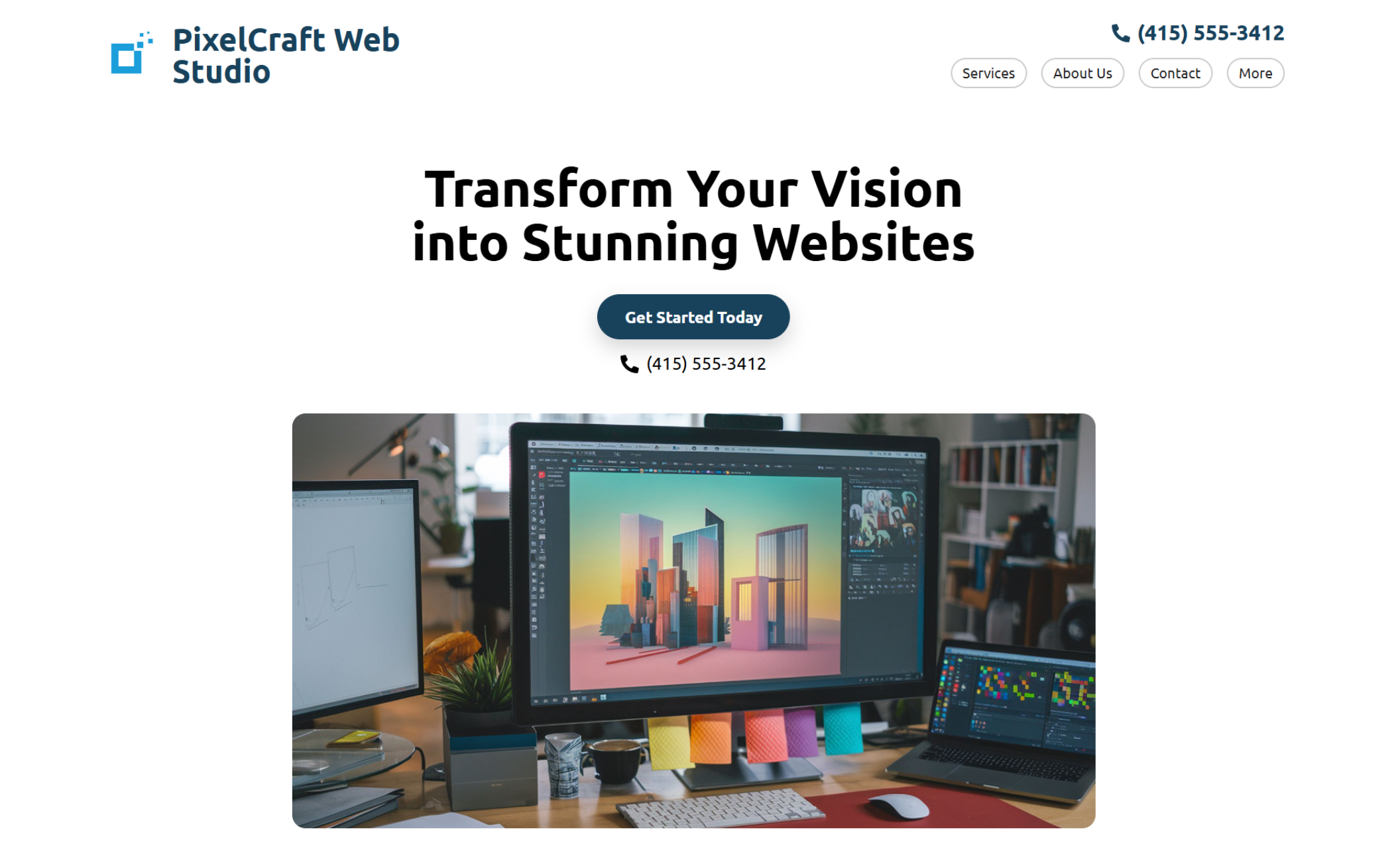 Vibrant digital workspace with open design software on a colorful computer screen, showcased on Pixelcraft Web Studio’s homepage to emphasize their bold and imaginative visual style