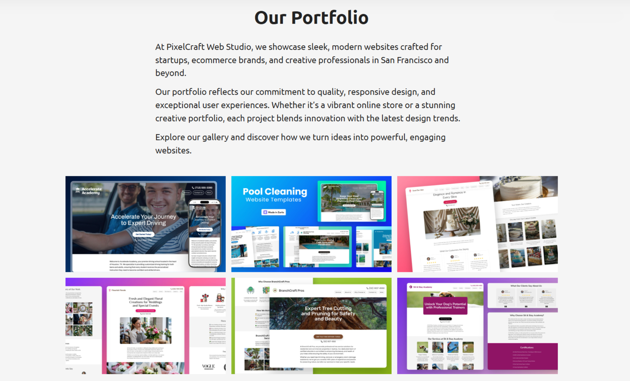 Grid of diverse web design thumbnails in the Pixelcraft portfolio section, each featuring creative layouts and bright palettes tailored for different brands