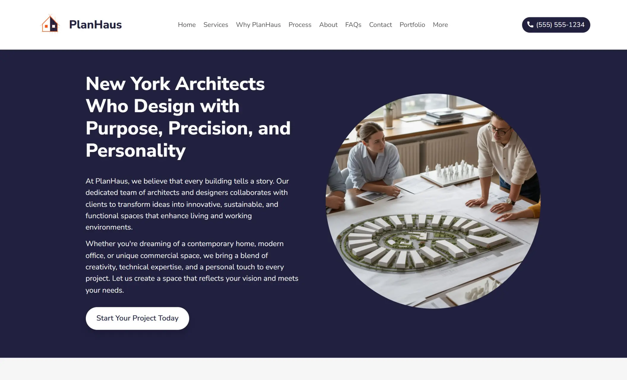 PlanHaus' homepage featuring the image of a team of architects looking at a mock-up, company branding, call-to-action button, and a brief introduction of the company