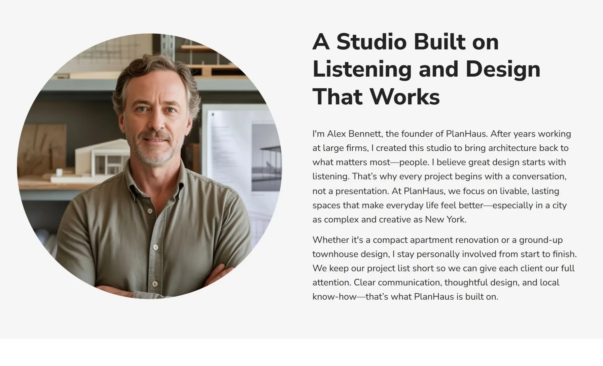 PlanHaus' website displaying a section about their founder