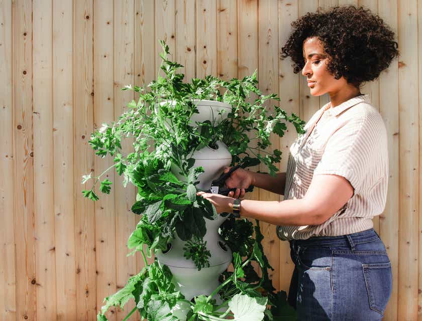 Una donna che sistema con cura una pianta in un vaso all'interno di un vivaio.