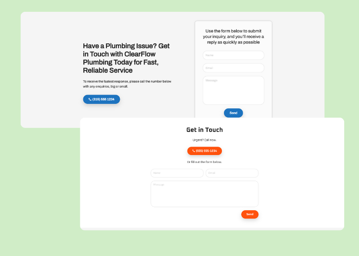 Screenshot of a contact form titled 'Get in touch' with a blue-colored primary button with a contact number, with input fields for Name, Email, and Message