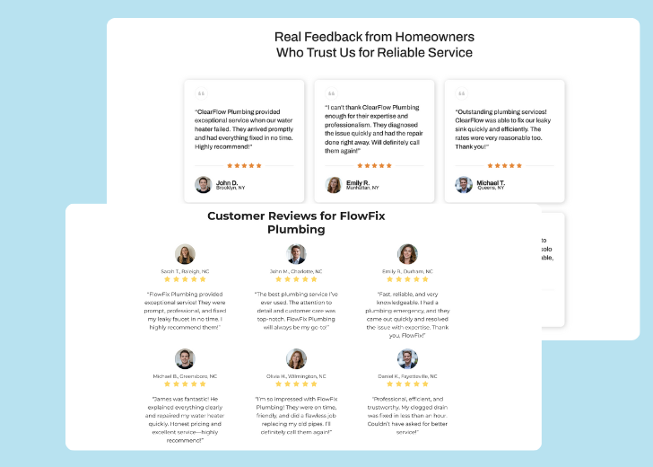A collage of reviews section generated by Zarla showing different styles of testimonials