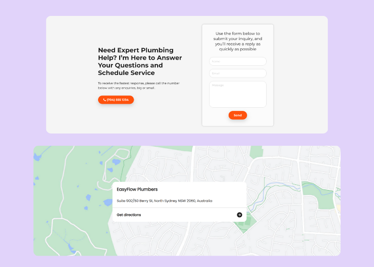 A screenshot of a header with navigation pills with contact number, a blue-colored primary button with contact number, and a 2D depiction of a map with a business address in the center