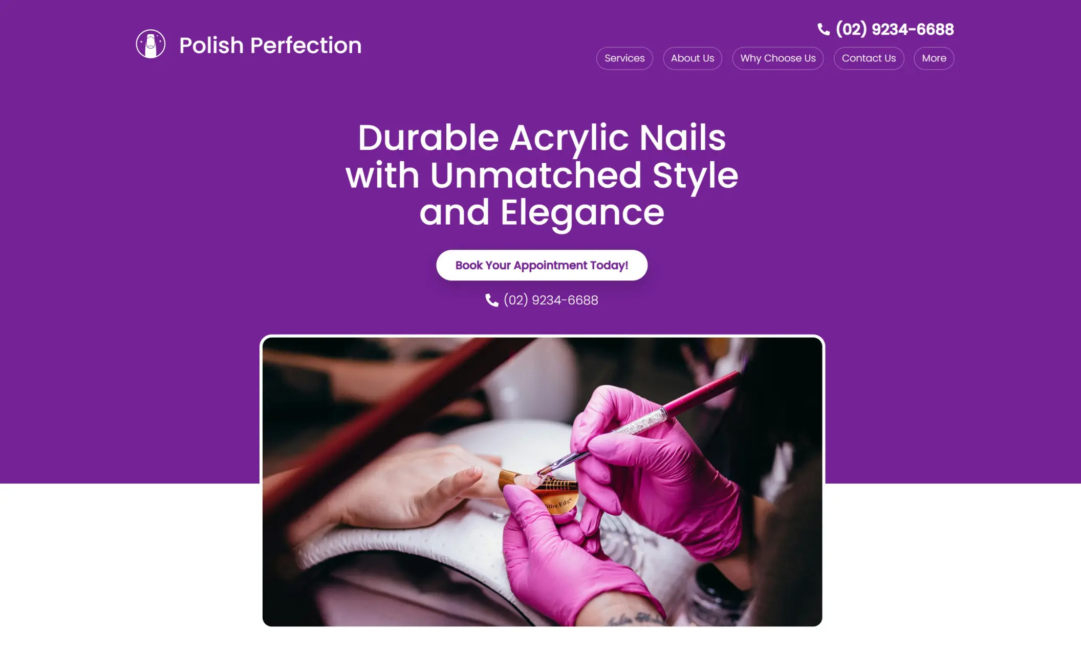 Polish Perfection's homepage featuring the image of a nail tech doing a refill, company branding, call-to-action button, and a phone number