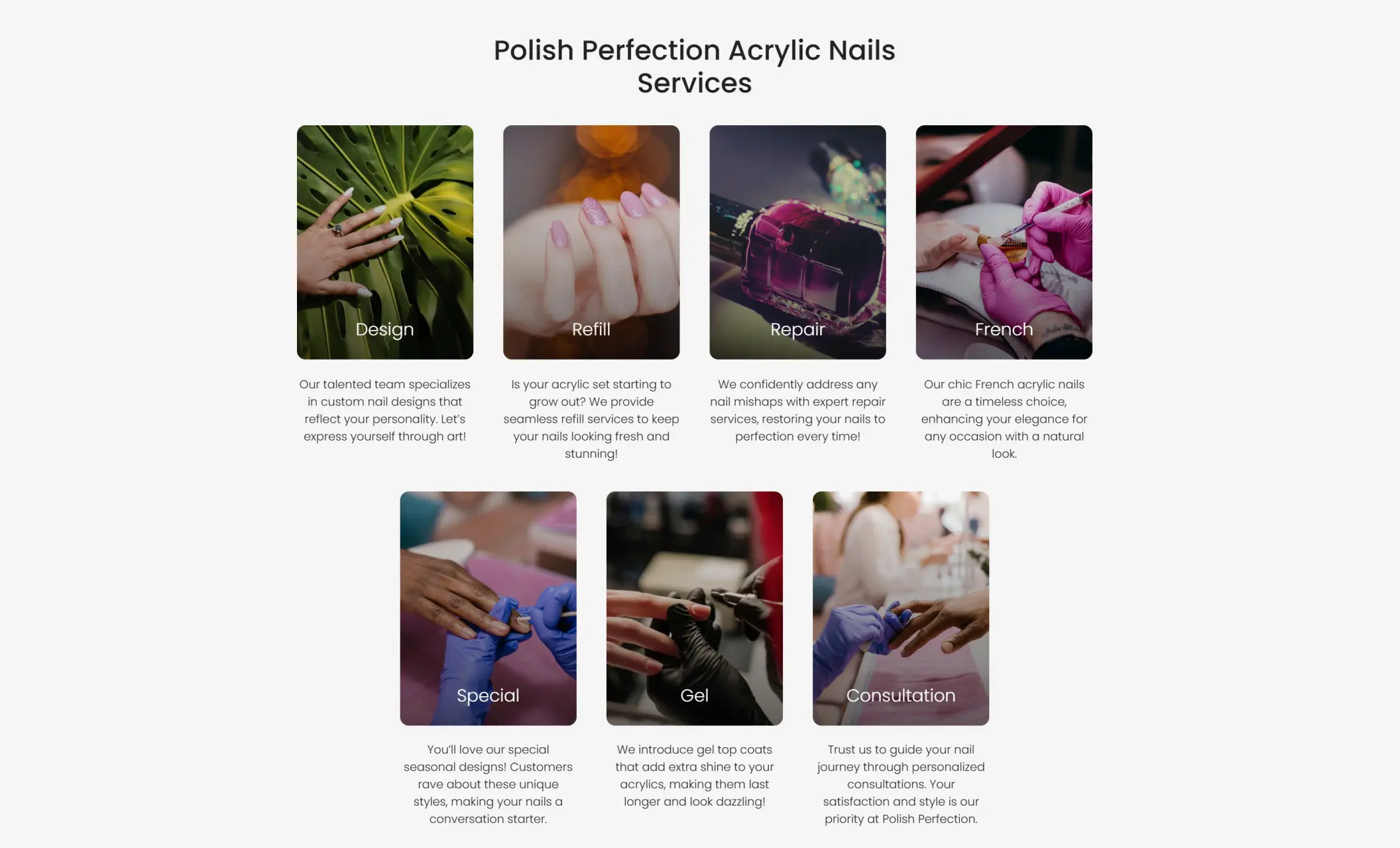 Polish Perfection's website section displaying available services, including design, refill, repair, French, special, gel, and consultation