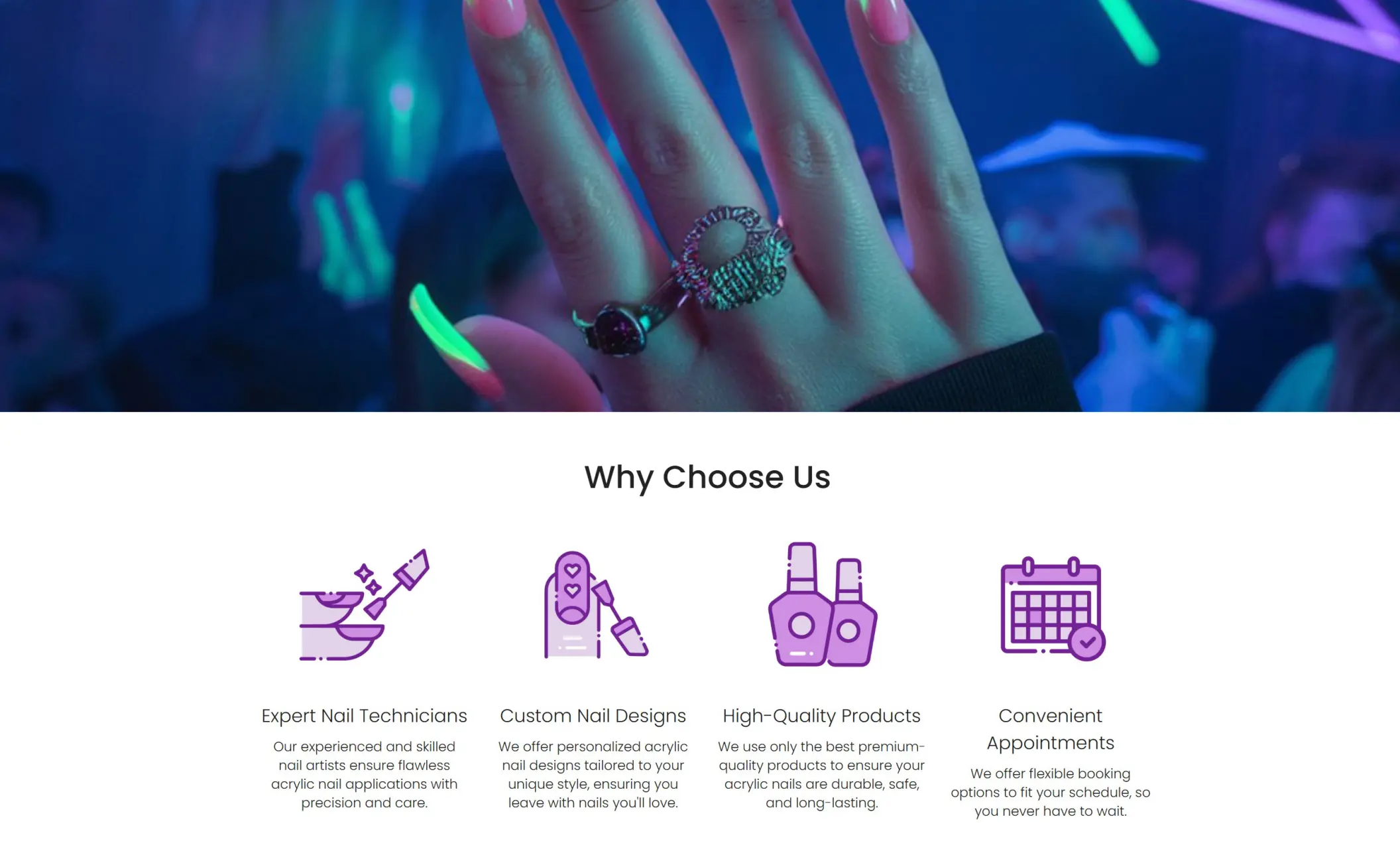Polish Perfection's website displaying a "Why Choose Us" section, and the image of a hand with modern nails