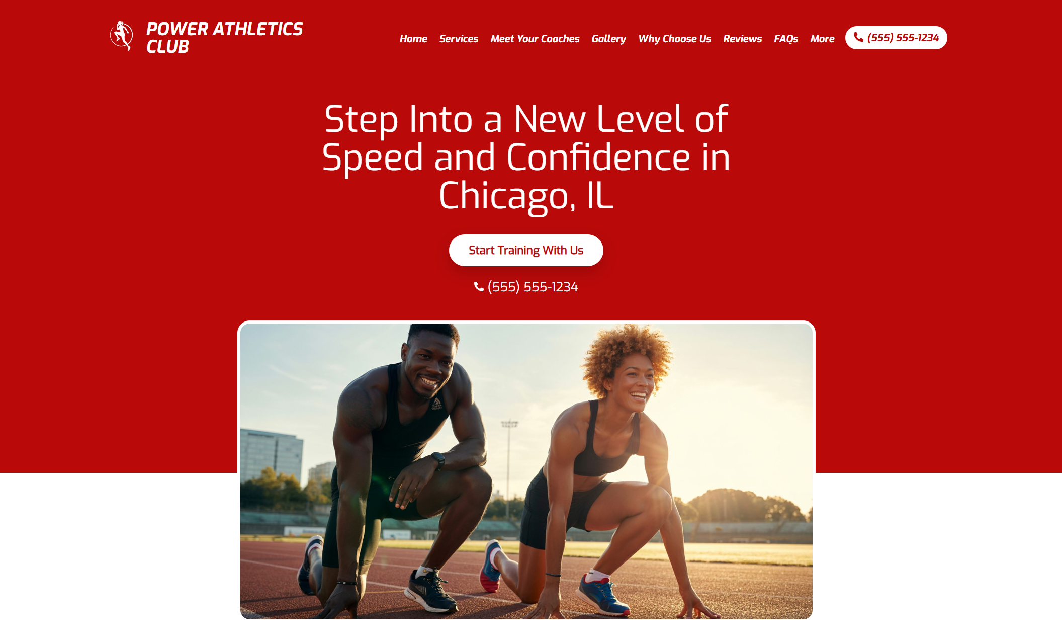 Power Athletics Club homepage hero displaying two smiling sprinters at the starting line beneath the headline ‘Step Into a New Level of Speed and Confidence in Chicago, IL’ and a red call-to-action button labeled ‘Start Training With Us.’