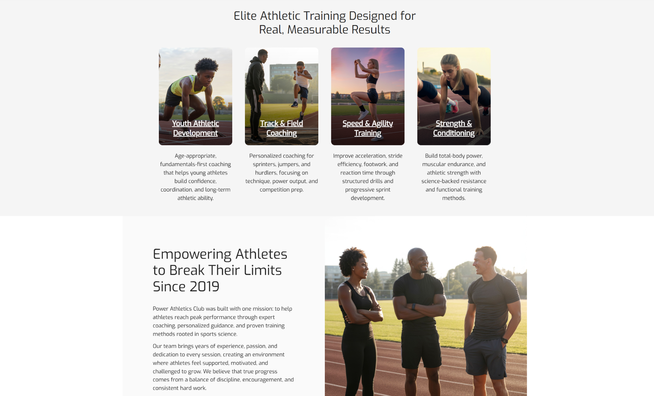 Power Athletics Club training programs section featuring four image cards—Youth Athletic Development, Track & Field Coaching, Speed & Agility Training, and Strength & Conditioning—under the headline ‘Elite Athletic Training Designed for Real, Measurable Results.’