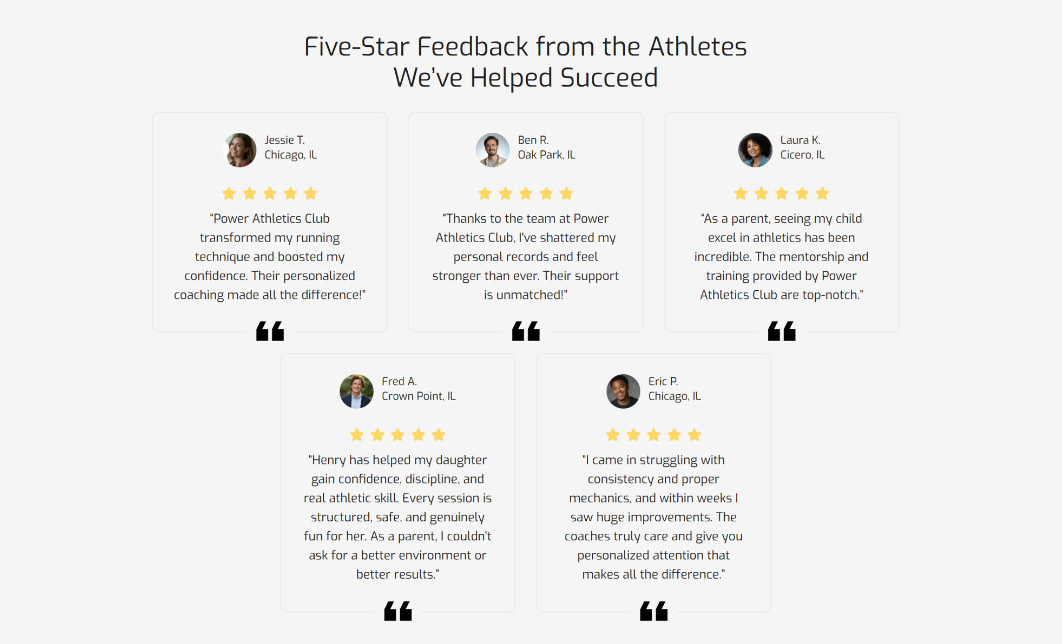Power Athletics Club reviews section showing six athlete and parent testimonial cards with five-star ratings beneath the headline ‘Five-Star Feedback from the Athletes We’ve Helped Succeed.’